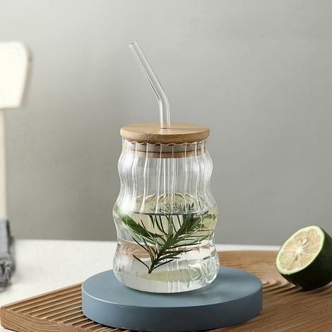 Verre À Boisson En Verre - 500 ml - Avec Couvercle En Bambou Et Paille En Verre - Pour Café Glacé Jus Bière Thé Cocktail - 1 Pièce (1/5)
