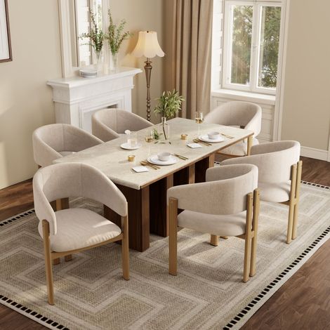 Seis sillas de comedor metálicas, cómodas y transpirables, con acabado imitación madera, ideales para comedores, salas de estar y cafeterías. Estilo moderno, tapicería de lino, color madera natural. (1/5)