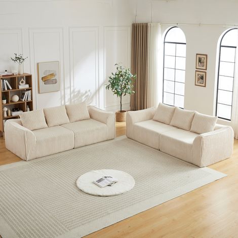Canapé modulable en cord beige, lignes courbes, sans montage, 6 coussins, OKWISH (1/5)
