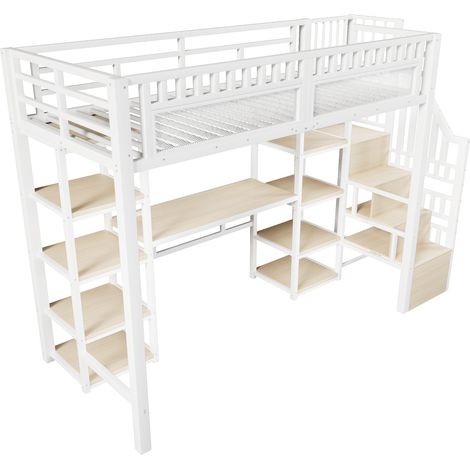 Litera alta 90 x 200 cm en metal y MDF con escritorio, almacenaje, escalera y LED blanca (1/5)