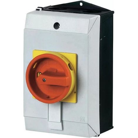 Eaton Interruptor principal, T0, 20 A, montaje, 3 unidad(es), 3 polos + N, 1 NA, 1 NC, función de PARADA DE EMERGENCIA, con manija giratoria roja y anillo de bloqueo amarillo, bloqueable en, 207153