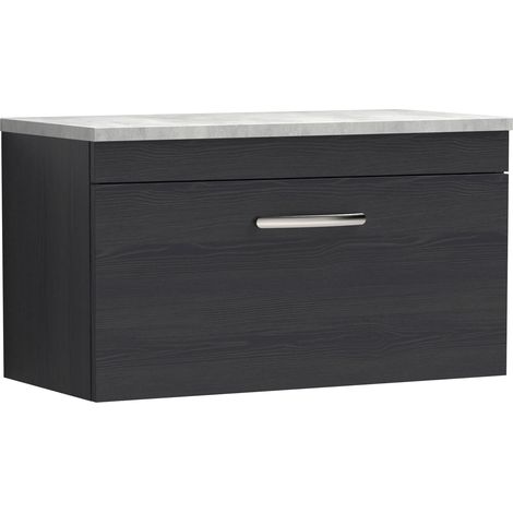 Nuie Athena Wall Hung 1-Drawer Vanity Unit with Grey Worktop 800mm Wide - Charcoal Black Woodgrain (1/5)