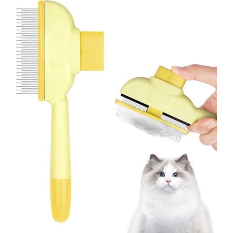 Peine autolimpiante para mascotas,apto para el cuidado de animales de pelo largo y corto,peine para gatos con botón de activación (amarillo) (1/5)