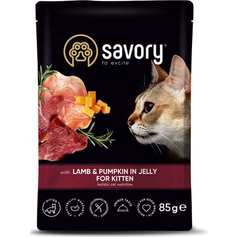 Aliment humide savoureux pour chaton junior Agneau, potiron et poulet 85 g (1/4)