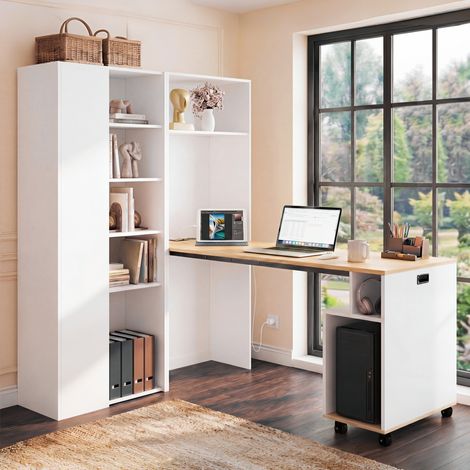 Escritorio plegable 2 en 1 de MDF 104,5x30,5x160 cm blanco, estantería con enchufe UE y USB (1/5)