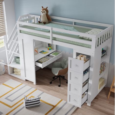 Letto a soppalco 254x95x175 cm bianco in pino e MDF con scrivania, cassetti e scaffali (1/5)