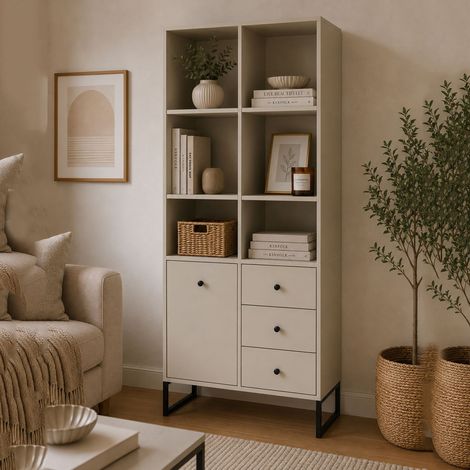 Aparador Lerena, Mueble 3 Cajones, 5 Estantes, Puerta Abatible, Corredera, 77x33x180h cm Beige Cashmere (1/3)
