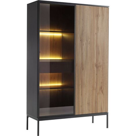 Estantería Manal, Negro + Roble wotan, Cerrable, Con puertas, Aglomerado laminado, Vidrio, Número de puertas: 0, Número de cajones: 0, 166x104x39cm, LED (1/5)