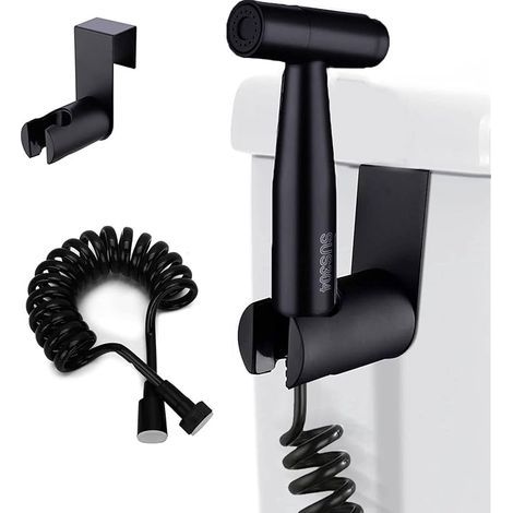 Kit Douchette wc - avec crochet de réservoir et tuyau de douche flexible de 122 pouces rétractable pour l'assainissement de l'eau, toilettes, bidet, pistolet de pulvérisation, salle de bain (noir) (1/5)