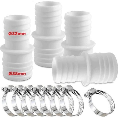 Ensemble de 4 raccords pour tuyau de piscine, raccord avec colliers de serrage, diamètre 32 à 38 mm, adaptateur pour tuyau de piscine. (1/5)