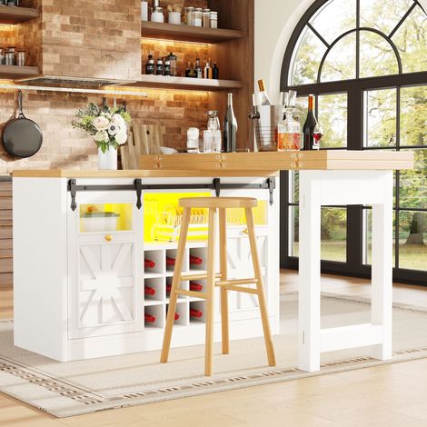 Îlot de cuisine extensible 3 en 1 avec table à manger pivotante à 360°, portes coulissantes style grange, éclairage LED RGB contrôlé via application, rangement intégré avec porte-bouteilles, blanc (1/5)