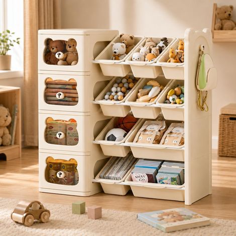 Étagère de rangement à 4 niveaux avec tiroirs et bacs pour jouets, idéale pour la chambre d'enfant. (1/5)