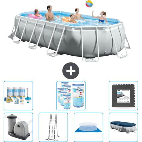 Intex Oval Prism Frame Swimmingpool – 503 x 274 x 122 cm – Grau – Inklusive Zubehör CB43