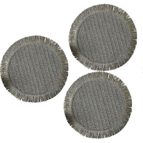 Ensemble de 3 sets de table ronds en papier tissé à la main avec bordure à pompons, antidérapants verts (1/5)