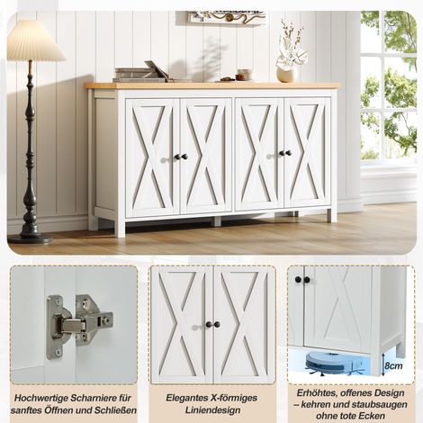 Meuble TV blanc moderne avec 4 portes, poignées rondes noires, 2 compartiments, armoire de rangement multifonction en panneau MDF, pour salon, salle à manger ou entrée, dimensions 140 x 40 x 78 cm. (1/5)