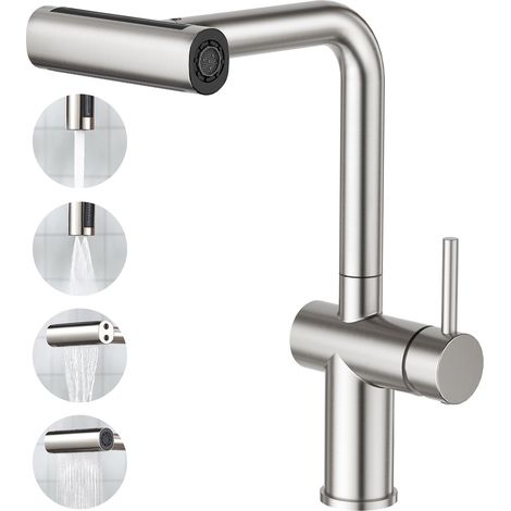 Robinet Évier de Cuisine avec Douchette 4 Fonctions Extensible, Mélangeur Monocommande Monotrou (1/5)
