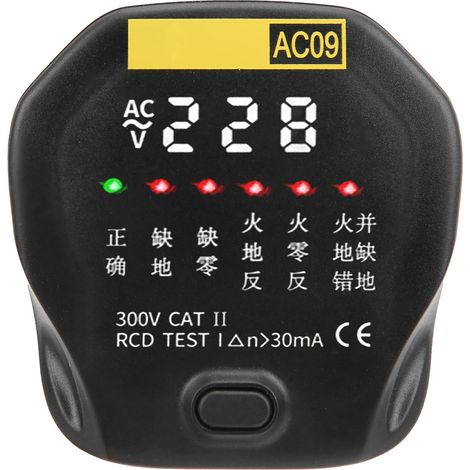 AC09 Testeur de Prise Électrique Détecteur de Tension avec Phase et Terre 90-250V CA (1/5)