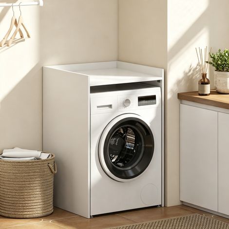 Meuble Machine à Laver avec Plan de Travail, Style Moderne, Anti-Basculement, Meuble de Rangement, 64x60x97,5cm, Blanc (1/5)