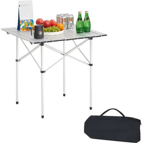 Table de Camping Pliante et Enroulable 70x70 cm, Table d'Appoint Portable avec Sac de Transport, en Aluminium, pour Cuisine en Plein Air, Soirée, Barbecue, Pique-Nique et Voyage, Argentée (1/5)