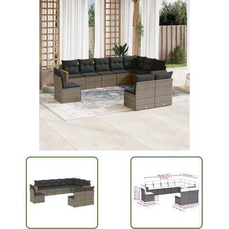 The Living Store 10-tlg. Garten-Sofagarnitur mit Kissen Grau Poly Rattan - Gartenmöbel - Rattan Möbel - Outdoor Sofa - Lounge Set - Esszimmergarnitur (1/3)