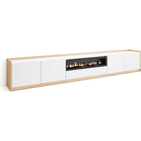 Mueble TV Cútar-02 de 310x50x37 cm con chimenea eléctrica, color blanco y roble soft (1/4)