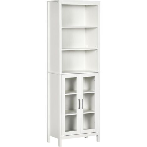 Colonne de salle de bain avec 2 portes vitrées et 3 étagères, meuble d'appoint de style moderne, 53 x 30 x 162 cm, blanc