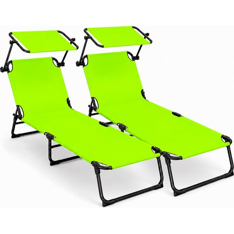 Set 2 Sdraio Prendisole Pieghevoli Con Schienale Regolabile Tettuccio Parasole E Telaio In Acciaio Per Spiaggia Relax Outdoor 24 x 187 x 53 Cm Verde Fluo