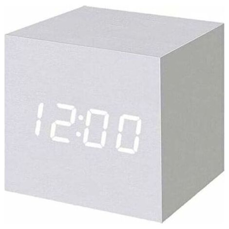 Wooden digital alarm clock with LED lighting, cube-shaped digital alarm clock with date and temperature display, USB/battery connection (white) (1/5)