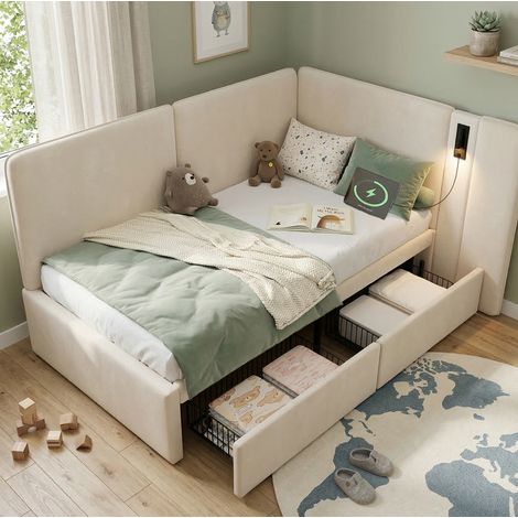 Cama de día moderna de terciopelo beige 90x200 cm con cabecero tapizado, 2 cajones, somier de láminas, USB y lámpara