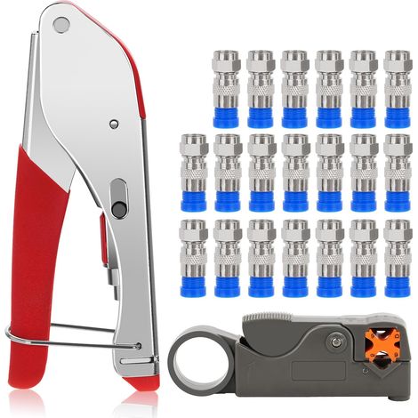 Pince à Sertir à Compression de Type F, Kit d'Outils de Sertissage de Câble Coaxial, Coupe 9mm + 20 Connecteurs, Pince Coupante RG59 RG6, Pour la Télévision par Câble(480g) (1/5)