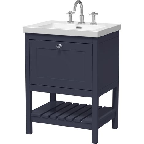 Coppenhall Contemporary 1 Drawer Floor Standing Vanity Unit with Fireclay Basin, Indigo Blue, 600mm
