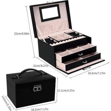 Boîte à Bijoux, Coffret à Bijoux avec Miroir et 2 Tiroirs, Rangement Bijoux Coffret Bijoux Verrouillable de Voyage à 3 Couches, Bagues, Noir (1/5)