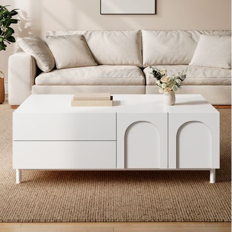 Table basse rectangulaire 100x50x39,5 cm avec 2 tiroirs et 2 portes, rangement fermé, structure stable, blanc (1/5)