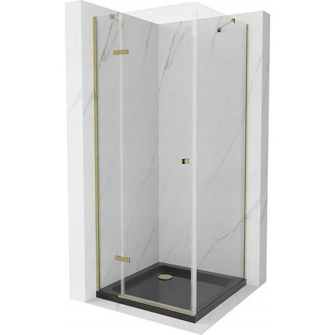 Mexen Roma cabine de douche pivotante 90 x 90 cm, transparente, or + receveur Flat, noir - 854-090-090-50-00-4070G (1/5)