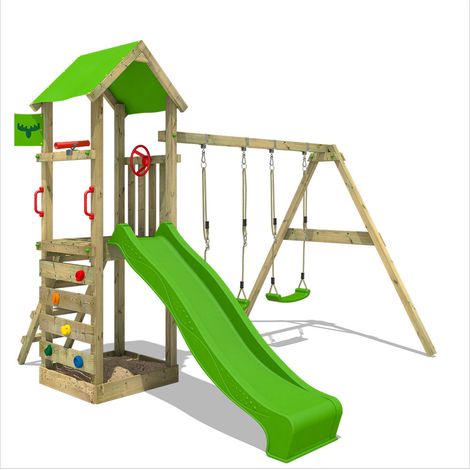 FATMOOSE Wooden climbing frame KiwiKey with swing set and apple green slide, Garden playhouse with sandpit, climbing ladder & play-accessories (1/5)