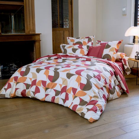 Parure de lit 2 pièces percale de coton géométrique housse + taie Bordeaux 140x200 cm