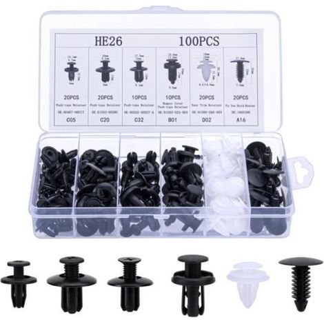 100 Pièces Clips Voiture Universel, 6 Taille Clips de Fixation Voiture Outils, Rivet Plastique, Agrafes Carrosserie pour Pare-Chocs (1/4)