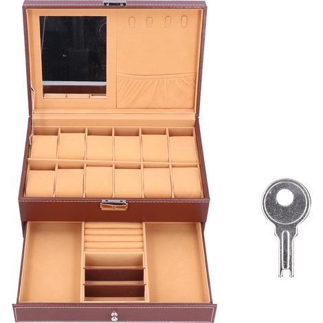 Boîte à bijoux double couche en cuir PU, idéale pour ranger colliers et montres, avec clé. (1/5)