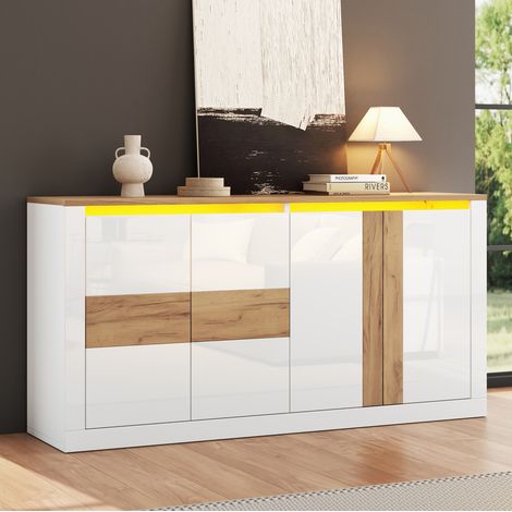 Madia 140x35x70 cm, con 4 ante scorrevoli, illuminazione RGB LED, MDF, bianco e effetto quercia (1/5)