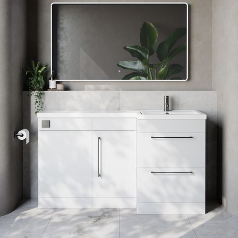 Napoli 390 Gloss White 1500mm 2 Drawer Vanity Unit Toilet Suite with Right Hand Square Lucia Basin - 1500mm - Gunmetal Grey 320mm HandleWithout Kingston Toilet Pan