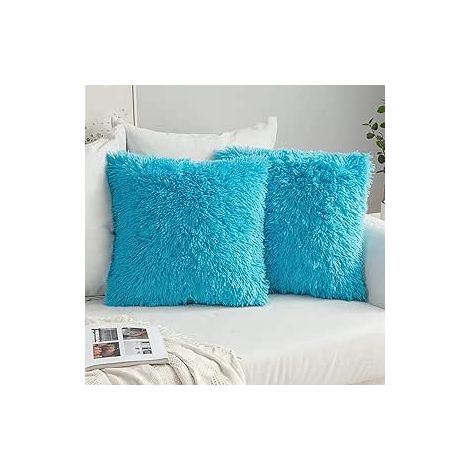 2 taies d'oreiller en fourrure artificielle, bleu clair-