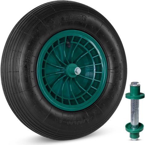 Roue de brouette, pneu pneumatique, diamètre 390 mm, capacité de charge 200 kg, avec essieu de 130 mm. (1/5)