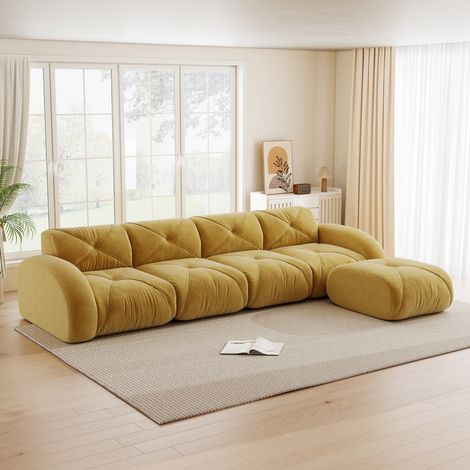 Canapé d'angle 4 places jaune, fauteuil en L modulaire avec repose-pieds, antidérapant, prêt à l'emploi sans montage pour salon. (1/4)