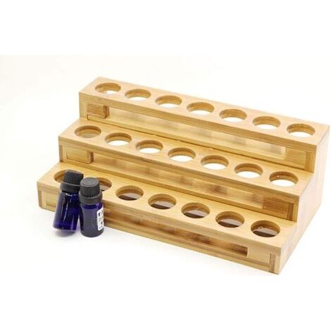 Porta oli essenziali a 3 ripiani per flaconi da 30 ml, in legno di bambù. (1/5)