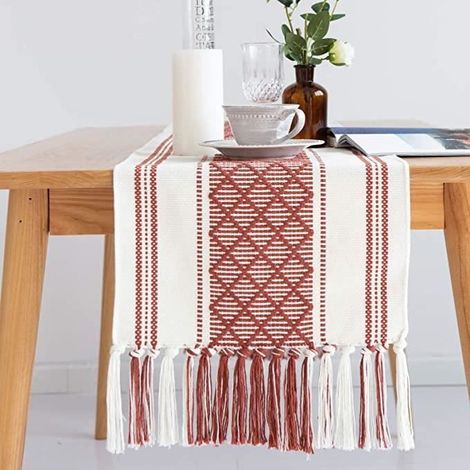 Chemin de table bohème, chemin de table rustique de ferme, décorations de table vintage marocaines en coton tissé bohème - Rouge (1/4)