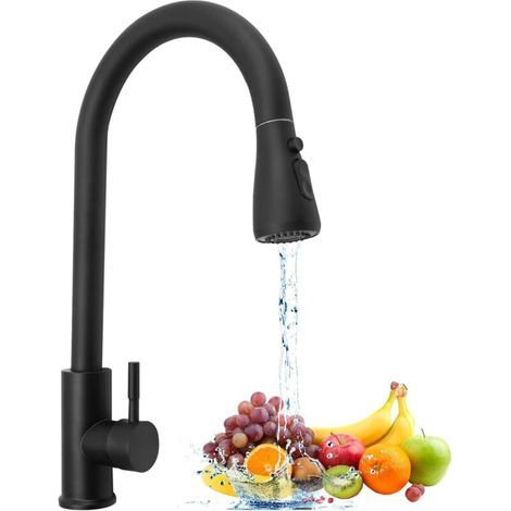 Robinet mitigeur de cuisine noir mat avec douchette extractible 40 cm, buse pivotante 360° et 3 modes de jet (1/5)