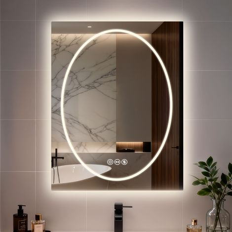 LED Bathroom Mirror 3 Color Light Wall Mounted With Demister Touch Sensor Switch, 70cm x 90cm