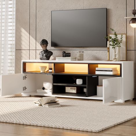 Mobile TV LED 150 x 35 x 50 cm con contenitore, finitura lucida, bianco e nero HAVRYA (1/5)