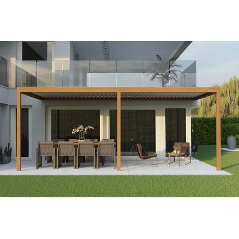 Pergola Bioclimatique Aluminium Adossée Aspect Bois 6x3 Manuelle S ORIAL France (1/5)