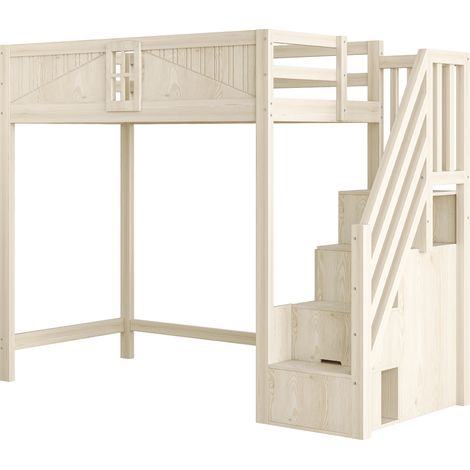 Letto a soppalco 90 x 200 cm in legno naturale con scala reversibile e vano contenitore (1/5)